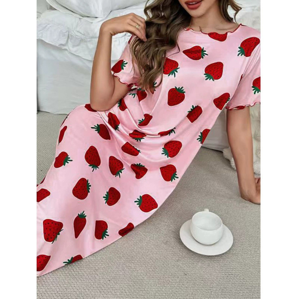 ZARA Strawberry Print Nightgown Summer Round Neck Loose Cozy Loungewear Women